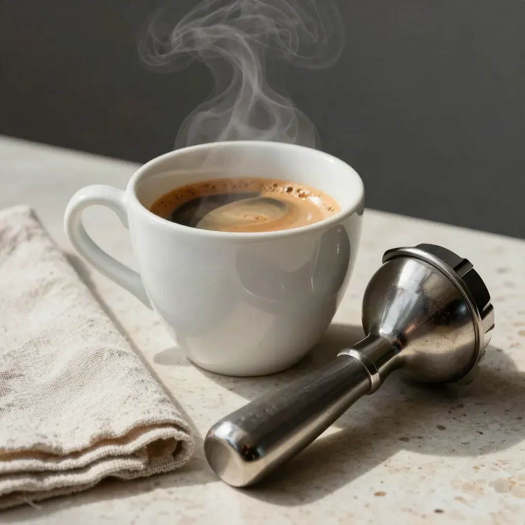Tazzina da espresso, tamper e tovagliolo di lino su pietra travertino, con vapore caldo.