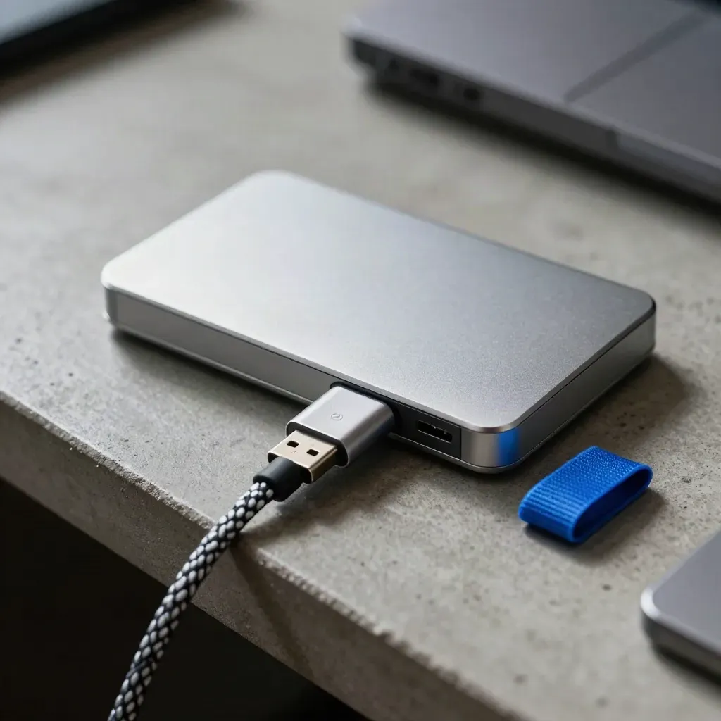 SSD esterno in alluminio, cavo USB-C intrecciato e fascetta su piano grigio.
