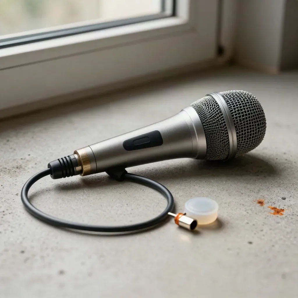 Microfono lavalier argentato con clip nera e cavo ad anello su cemento grigio.