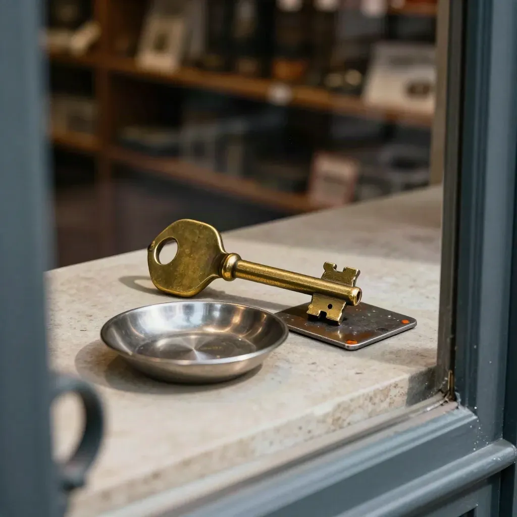 Chiave in ottone, vaschetta per monete e piastra metallica su banco di negozio locale.