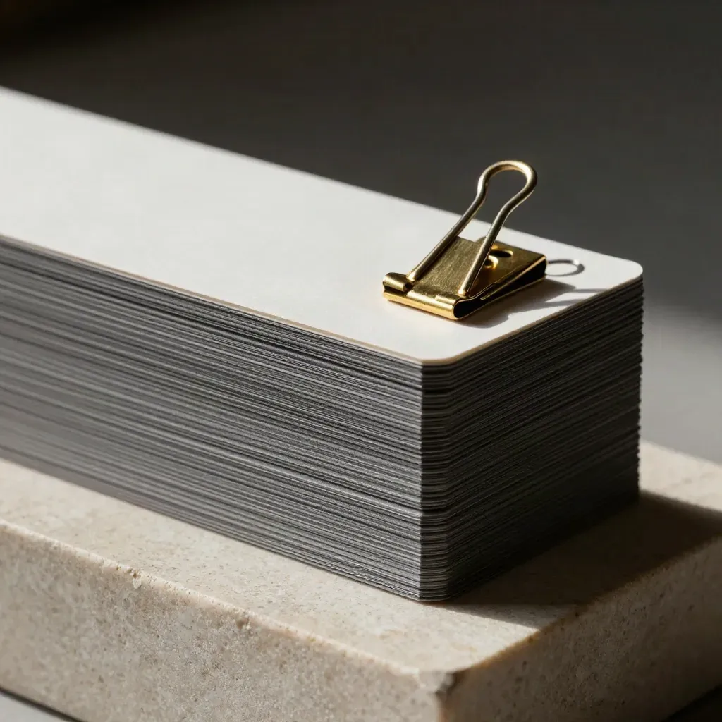 Card in grafite, distanziali in ottone e clip minime su base di pietra chiara.